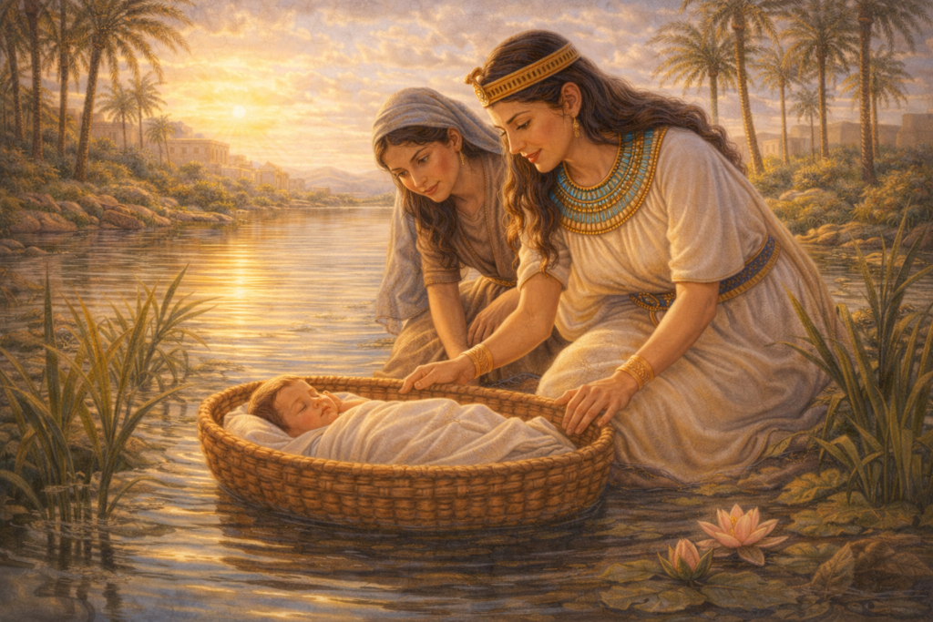 Ilustração do bebê Moisés no cesto sobre o rio em Êxodo Parte 2, com a filha de Faraó encontrando-o, em uma cena acolhedora.