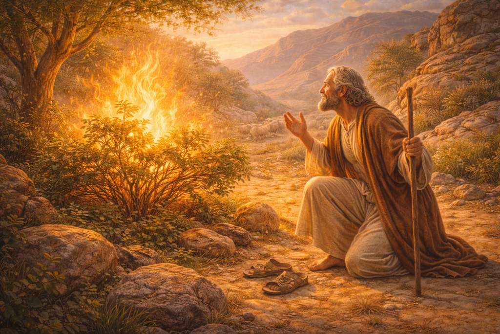 Ilustração de Moisés diante da sarça ardente em Êxodo Parte 3, mostrando o chamado de Deus com luz suave e atmosfera acolhedora