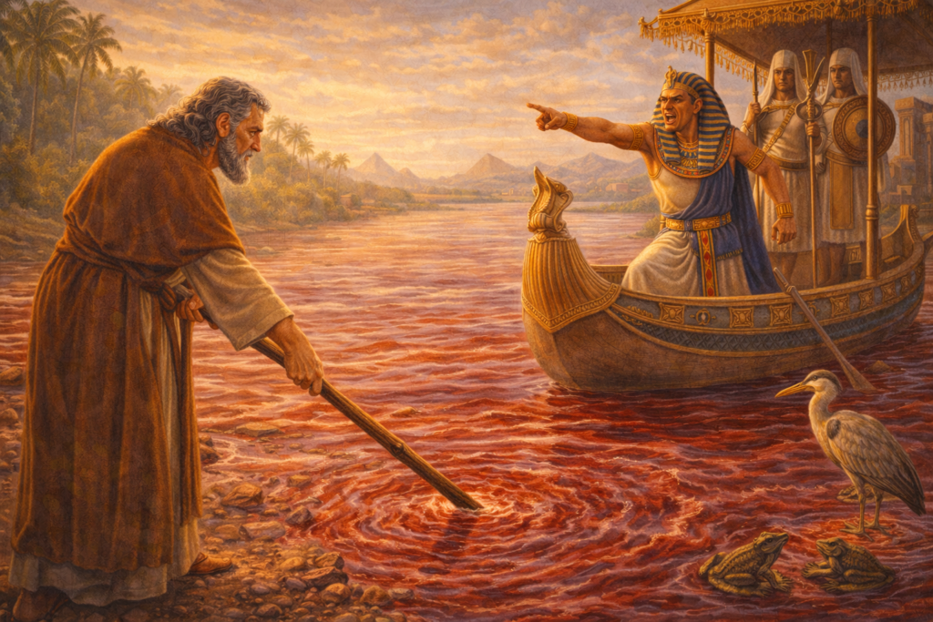 Moisés transforma as águas do rio Nilo em sangue diante do faraó, durante as pragas do Egito.
