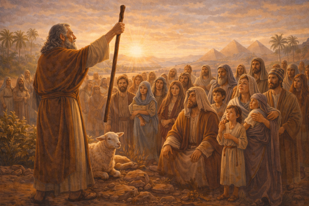 Ilustração de Moisés anunciando a Páscoa ao povo de Israel em Êxodo Parte 6, com famílias reunidas comemorando e luz acolhedora.