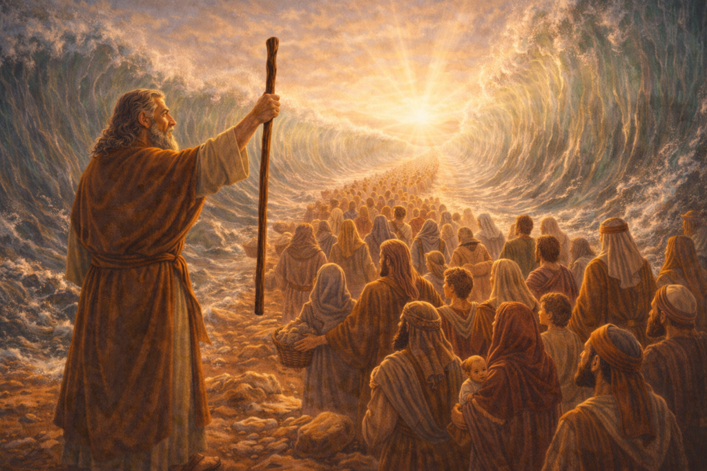 Ilustração da travessia do Mar Vermelho em Êxodo Parte 7, com o povo de Israel guiado por Moisés entre as águas divididas.