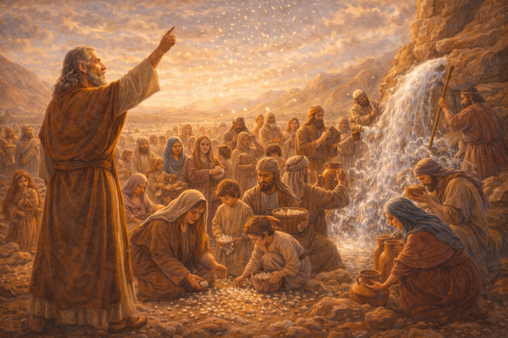 Ilustração do povo de Israel no deserto recebendo maná e água da rocha em Êxodo Parte 8, com Moisés orientando e luz acolhedora.