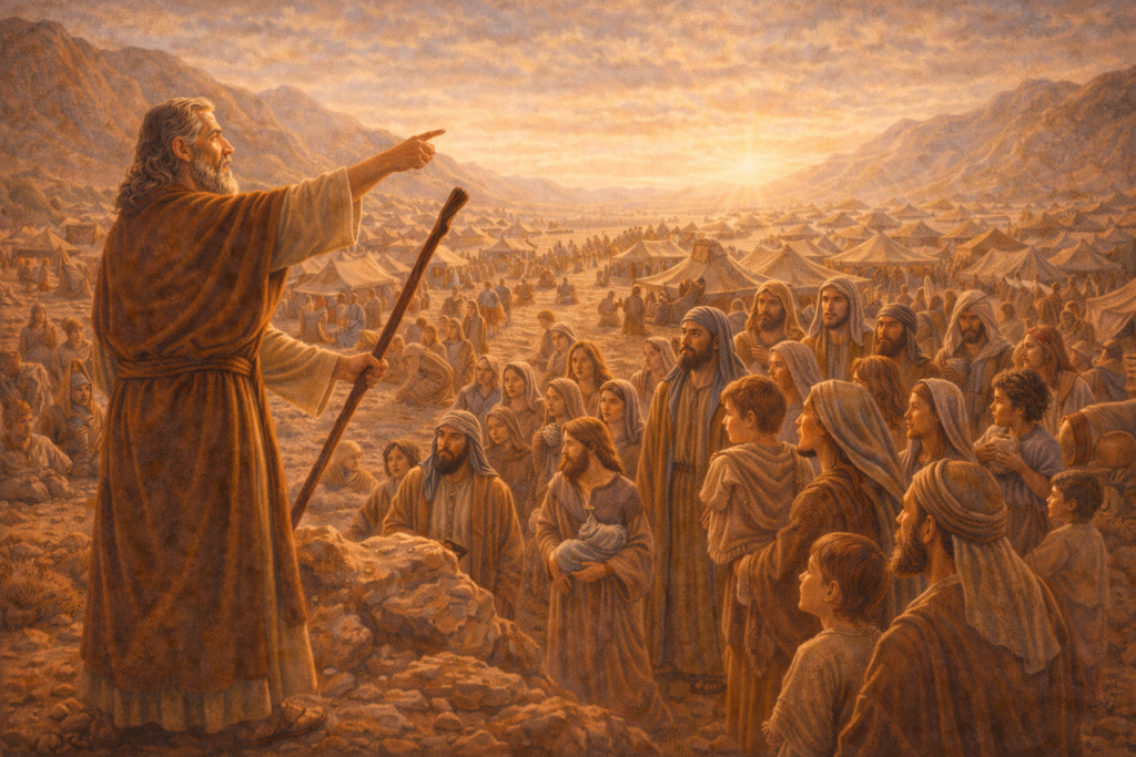 Ilustração do povo de Israel reunido sob a liderança de Moisés em Êxodo Parte 9, mostrando organização e cuidado no deserto com luz acolhedora.