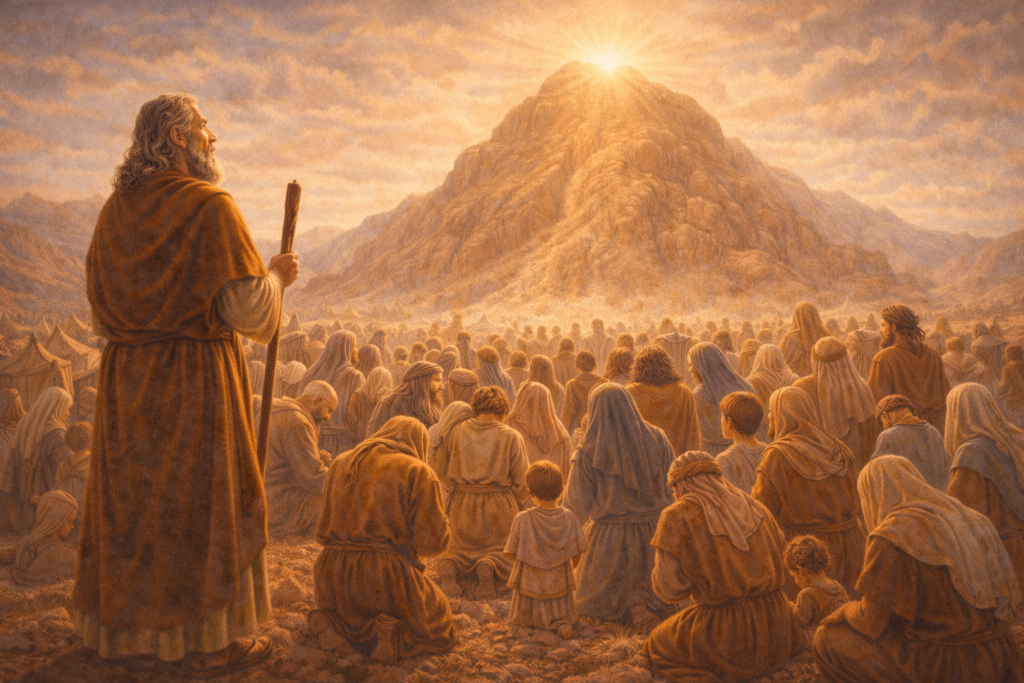 Moisés conduz o povo de Israel diante do monte Sinai, onde Deus faz aliança com Seu povo, em uma cena reverente no deserto.
