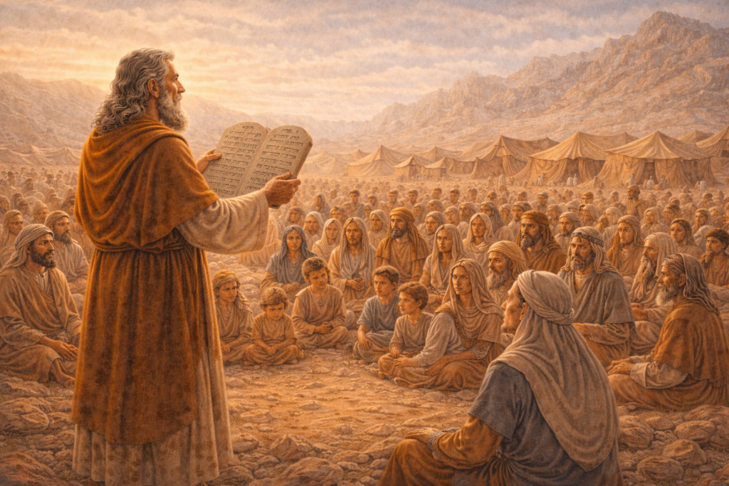 Ilustração de Moisés ensinando as leis de Deus ao povo de Israel em Êxodo Parte 12, com o povo reunido no deserto e luz acolhedora.
