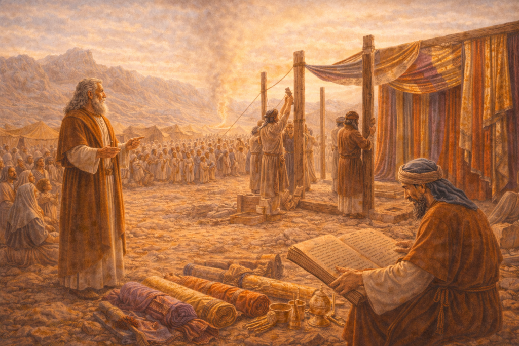 Ilustração da construção do tabernáculo em Êxodo Parte 13, com Moisés e o povo reunidos no deserto.