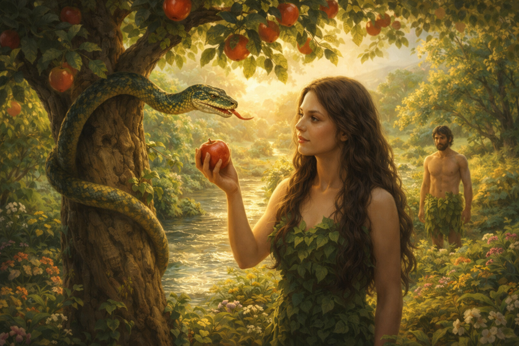 Eva sendo tentada pela serpente no Jardim do Éden na história bíblica de Gênesis 3