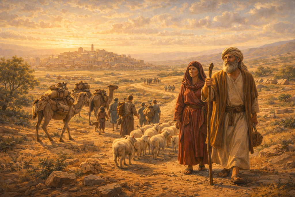 Abraão iniciando sua jornada após o chamado de Deus na história bíblica de Gênesis