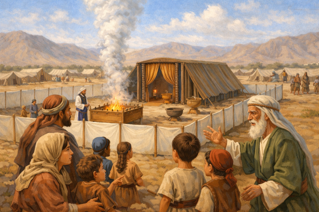 O povo de Israel reunido diante do Tabernáculo no deserto enquanto Deus os chama a se aproximar dEle