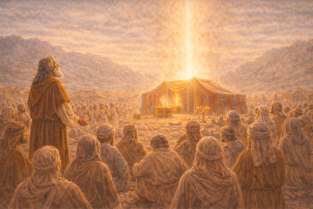 Ilustração representando a glória de Deus enchendo o tabernáculo em Êxodo Parte 17 com Moisés e o povo reunidos ao redor.