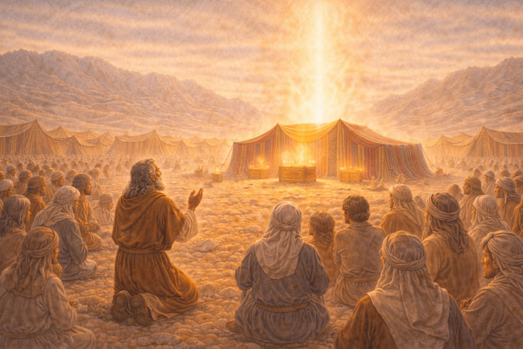 Ilustração mostrando a glória de Deus enchendo o tabernáculo enquanto o povo de Israel observa em reverência em Êxodo Parte 18.