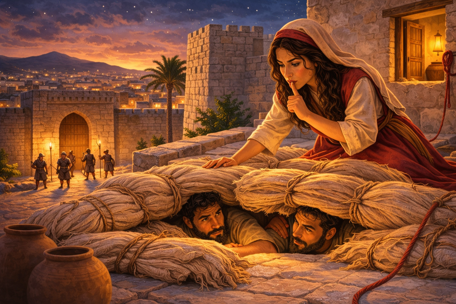 Raabe escondendo os espias de Israel no telhado de sua casa em Jericó entre feixes de linho – Josué capítulo 2