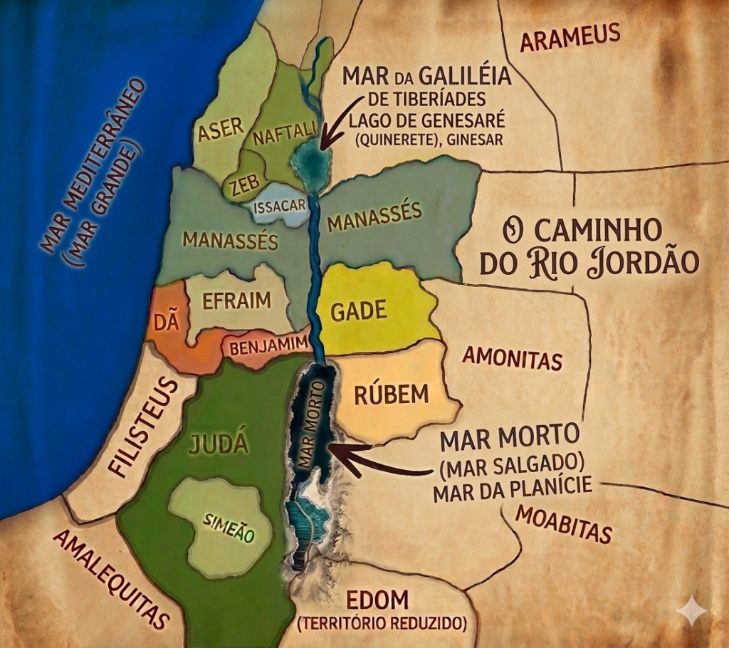 Mapa das doze tribos de Israel conforme a divisão de Josué, destacando o Rio Jordão, o Mar Morto e a tribo de Simeão como um enclave dentro do território de Judá.
