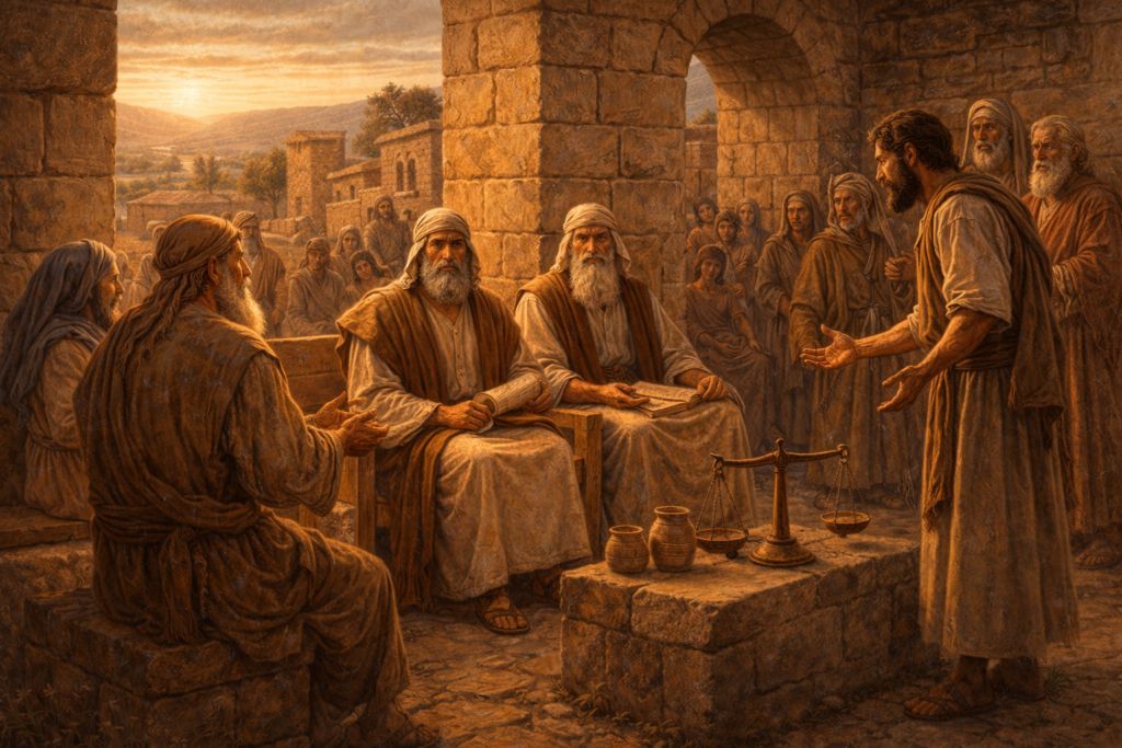 Juízes de Israel reunidos na porta da cidade ao entardecer, ouvindo duas pessoas apresentarem uma causa diante da comunidade