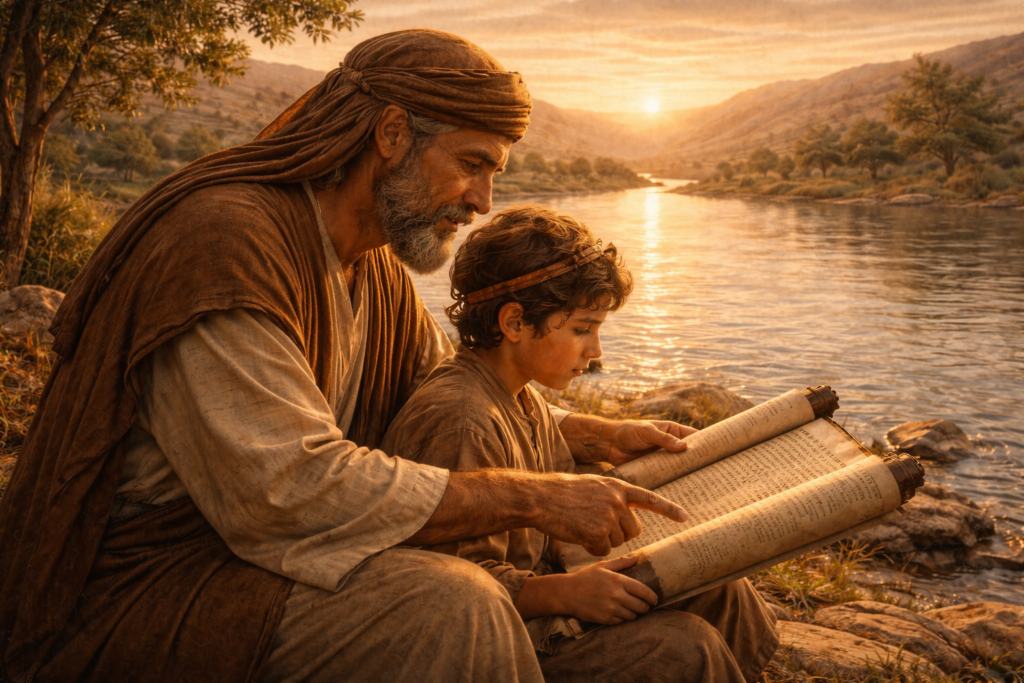 Pai israelita ensinando seu filho a ler o rolo da Lei à beira do rio Jordão ao entardecer
