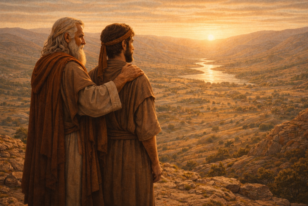 Moisés e Josué no alto do monte Nebo ao entardecer, contemplando a Terra Prometida iluminada pela luz dourada