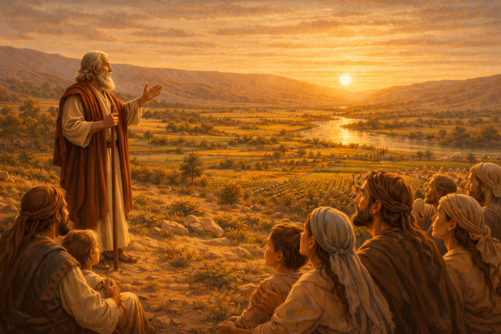 Moisés apontando para a terra fértil ao pôr do sol enquanto famílias israelitas observam os campos abundantes diante do rio Jordão