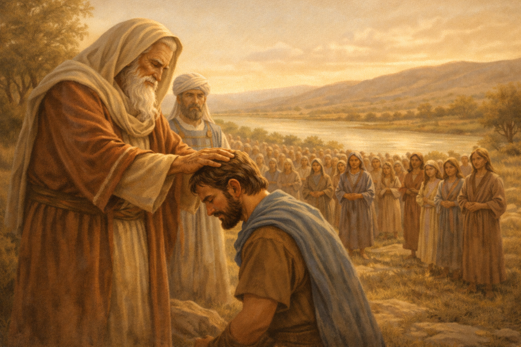 Moisés impondo as mãos sobre Josué às margens do rio Jordão, enquanto o povo observa com reverência sob luz dourada de entardecer.