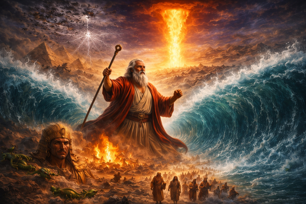 Moisés abrindo o Mar Vermelho enquanto Deus guia o povo de Israel com uma coluna de fogo no deserto no livro de Êxodo