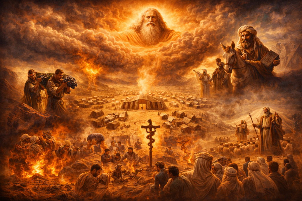 eventos do livro de números na bíblia com deserto, nuvem de deus, espias, serpente e balaão