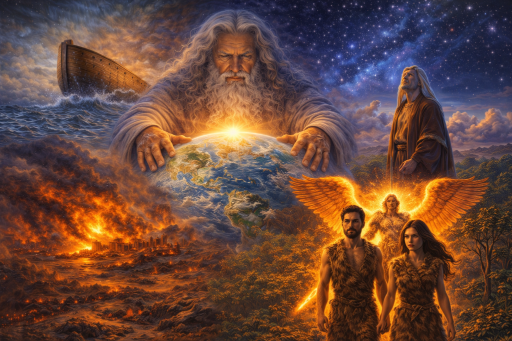 Ilustração bíblica mostrando Deus sobre a Terra, a arca de Noé sobre as águas, Sodoma sendo destruída pelo fogo e Adão e Eva deixando o Jardim do Éden enquanto um querubim com espada flamejante guarda a entrada.