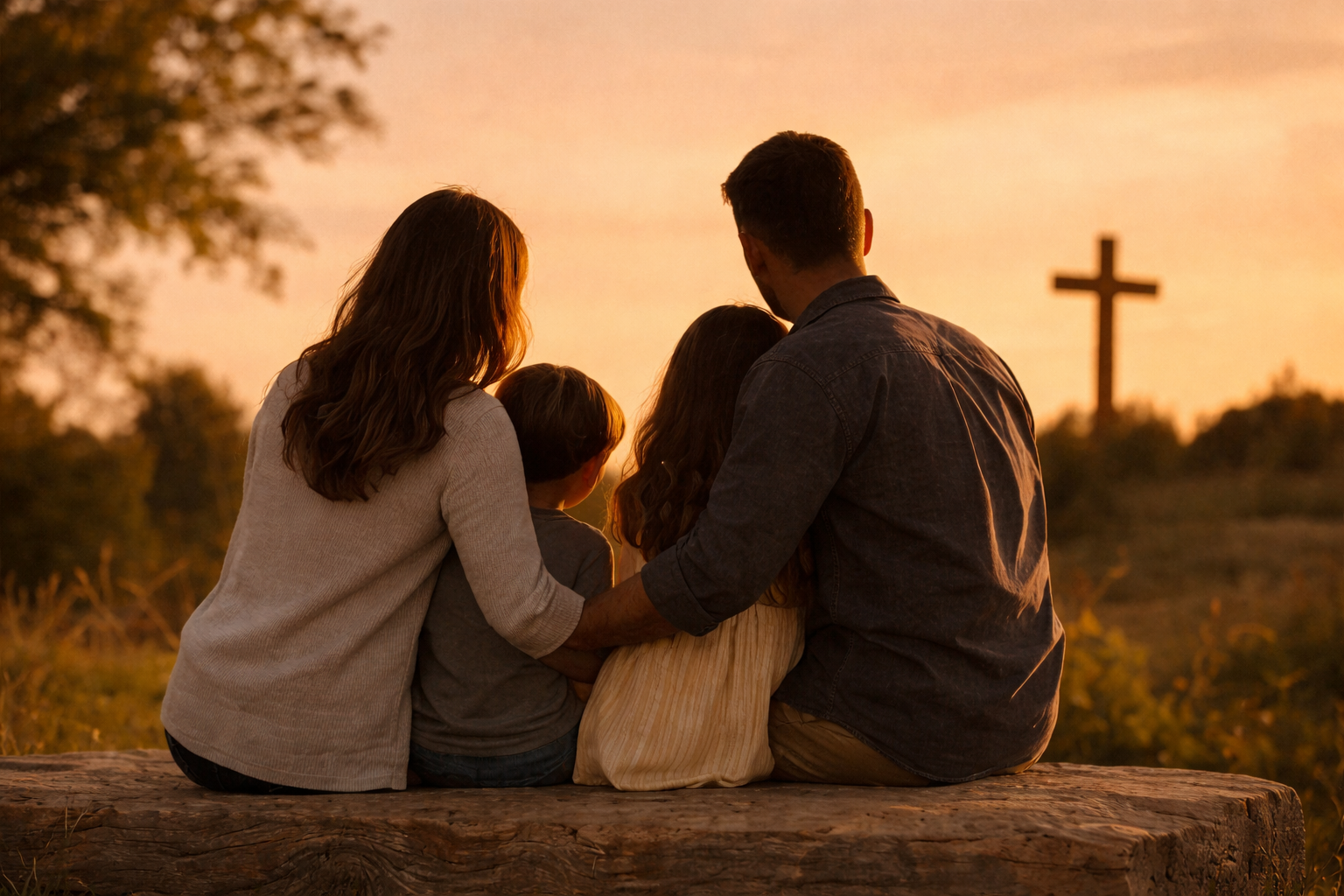 Família cristã unida contemplando o pôr do sol