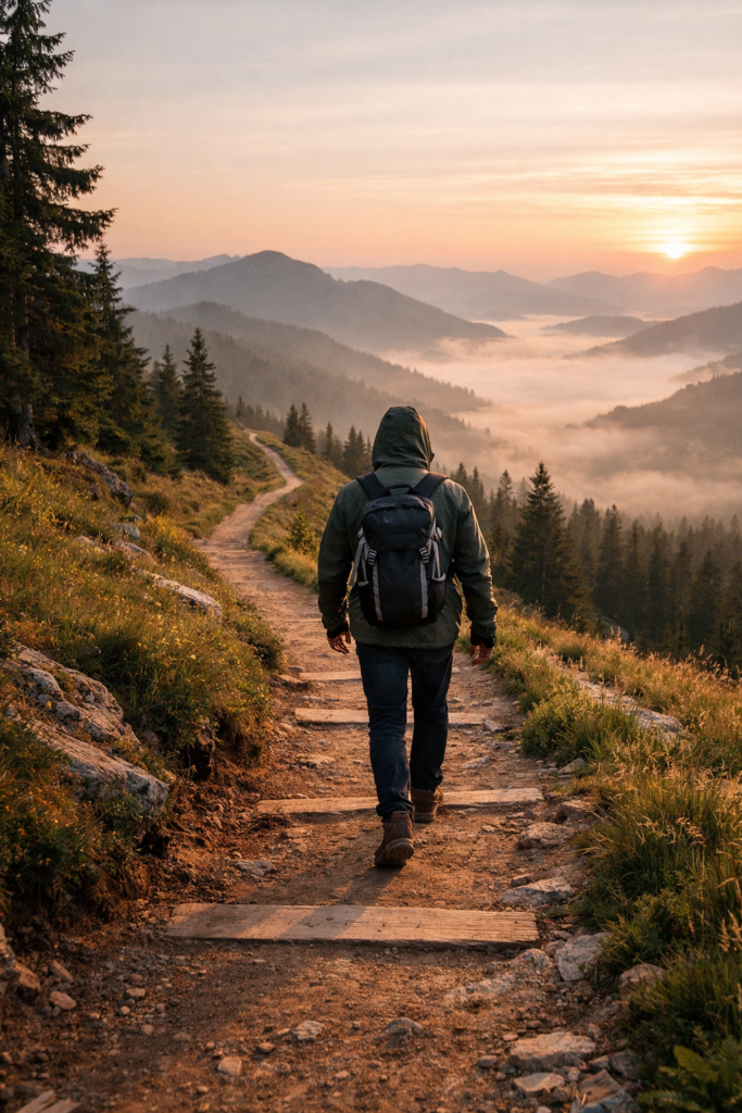 Pessoa caminhando por trilha na montanha ao amanhecer, representando constância na vida espiritual