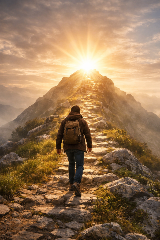 Pessoa caminhando em direção ao nascer do sol em uma montanha, representando o crescimento espiritual como um processo