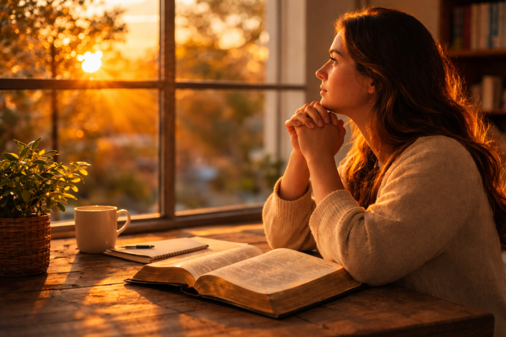Pessoa refletindo com Bíblia aberta à luz do pôr do sol, representando a busca por quem é Deus