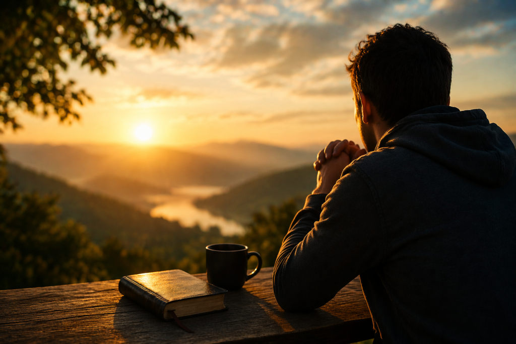 Homem em oração ao amanhecer com Bíblia aberta, representando relacionamento com Deus