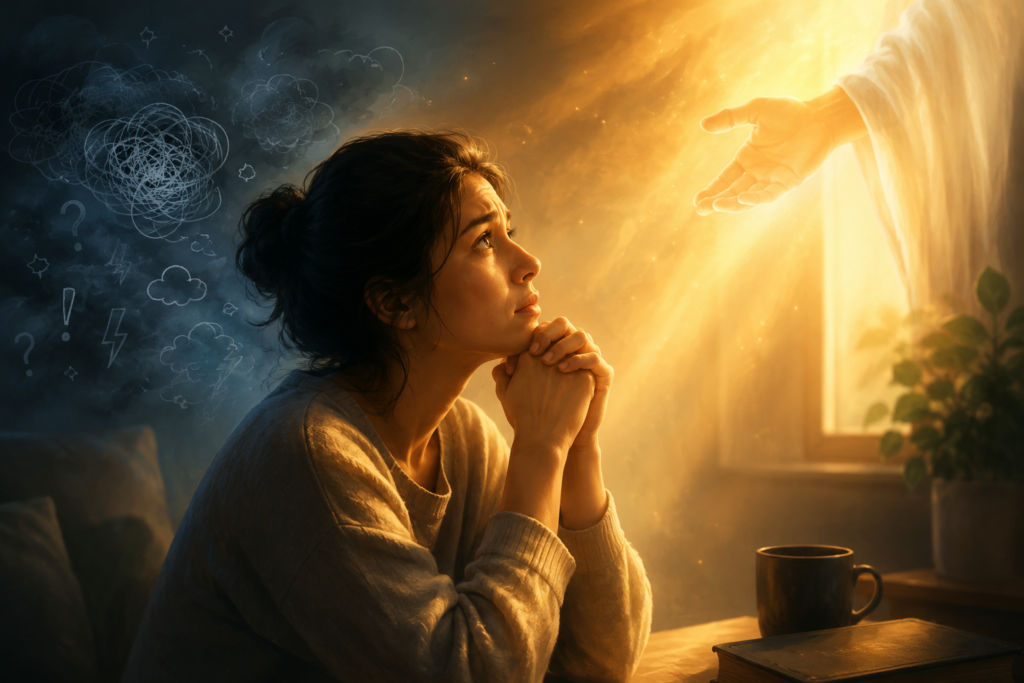 Pessoa ansiosa refletindo com expressão preocupada enquanto uma luz quente simboliza a presença de Deus trazendo paz em meio à ansiedade
