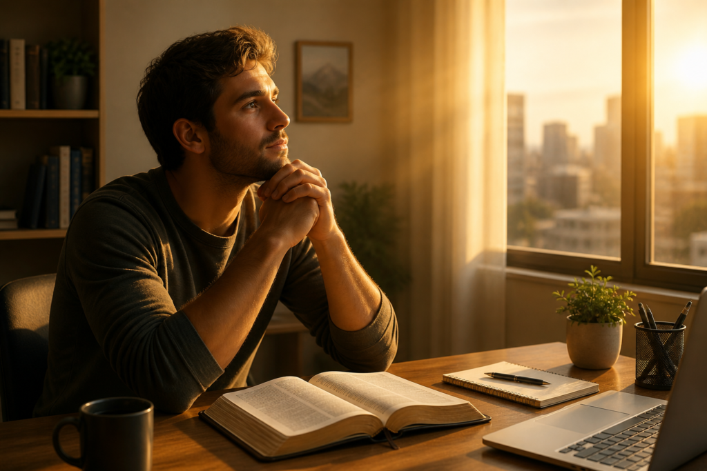 Pessoa refletindo em um ambiente cotidiano com Bíblia aberta, representando como lembrar de Deus no dia a dia sem depender de emoção