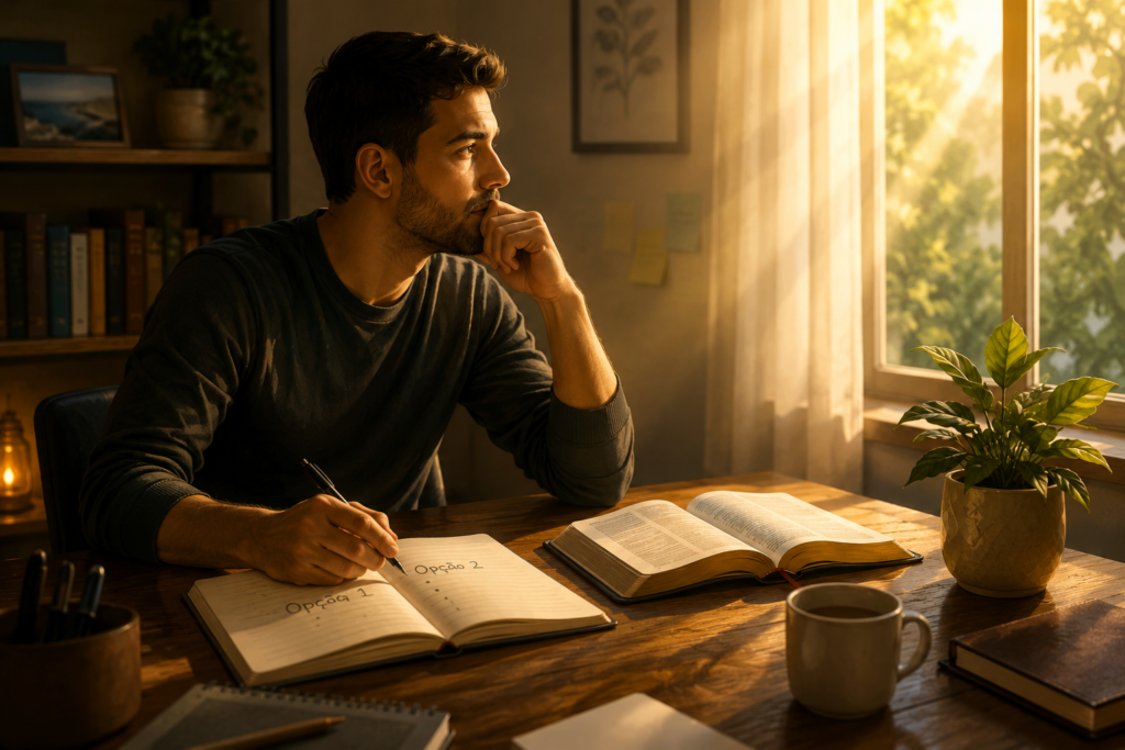 Pessoa refletindo sobre decisões com Bíblia aberta e caderno, representando como tomar decisões com Deus e buscar direção na vida