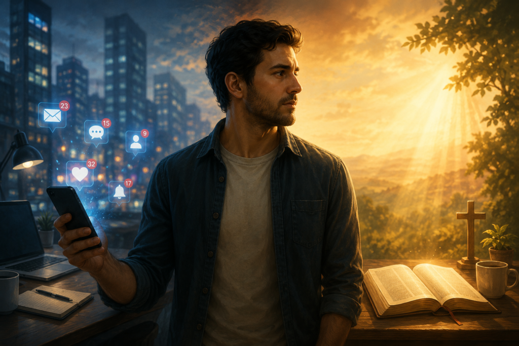 Pessoa dividida entre rotina e presença de Deus no dia a dia, representando a dificuldade de manter Deus presente na vida