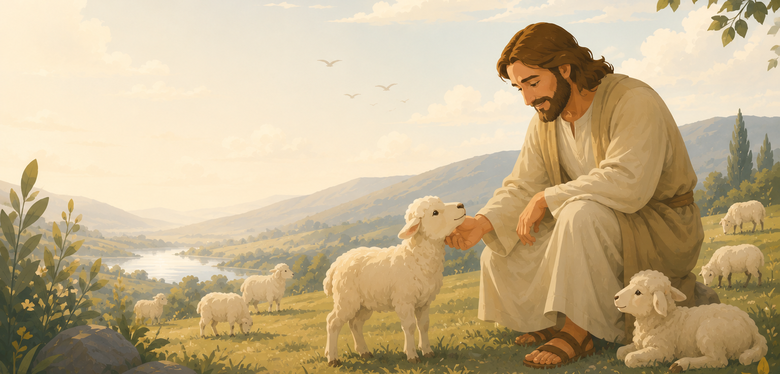 Ilustração de Jesus cuidando de ovelhas em paisagem pastoral ao pôr do sol