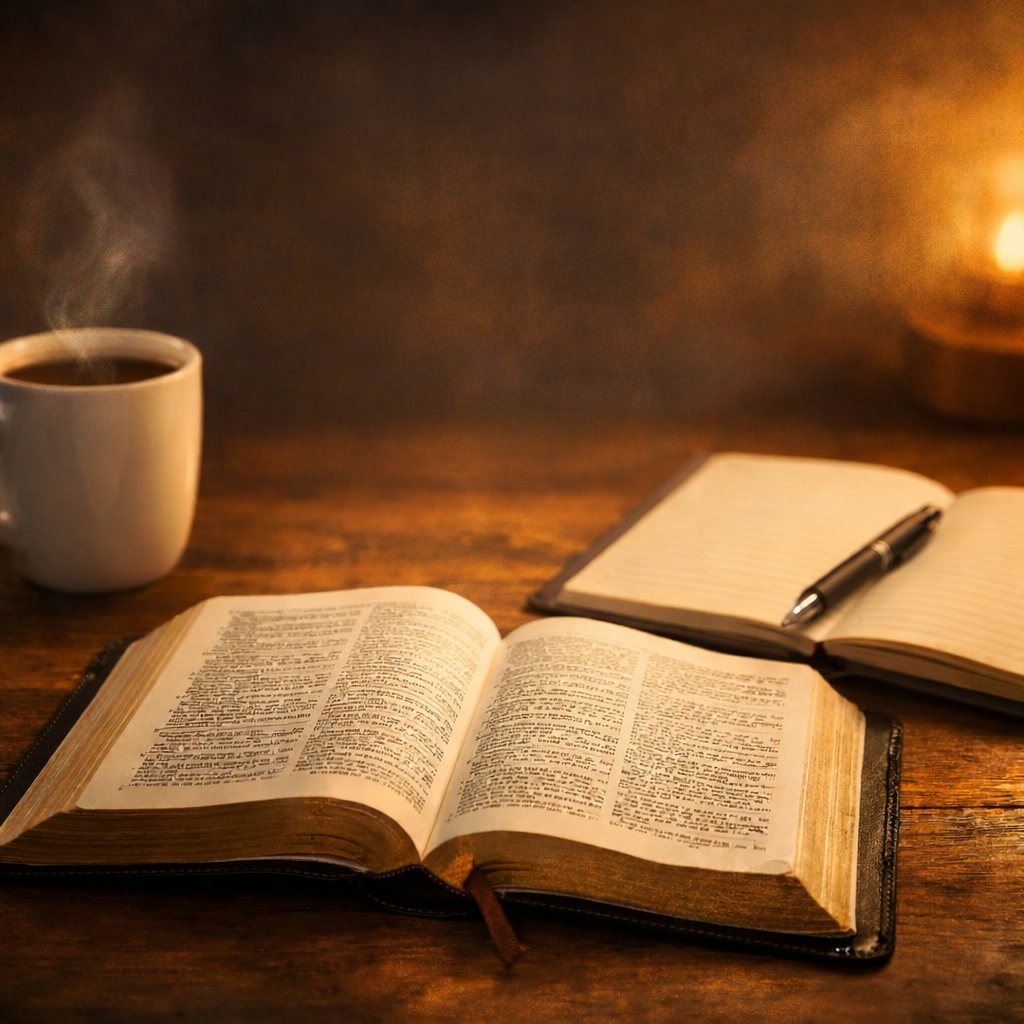 Bíblia aberta sobre mesa com café e caderno, representando leitura bíblica para transformação da vida
