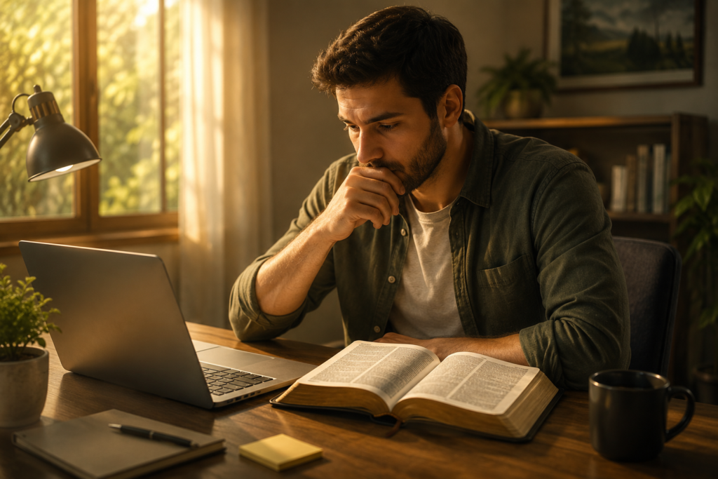 Homem refletindo com Bíblia aberta e computador na mesa, representando como tomar decisões com Deus e buscar direção na vida
