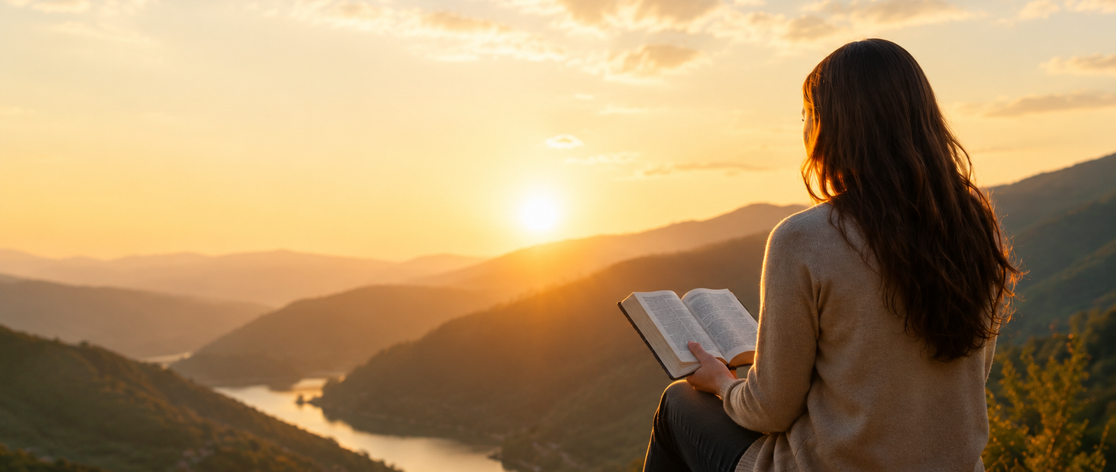 Mulher lendo a Bíblia ao pôr do sol em paisagem montanhosa