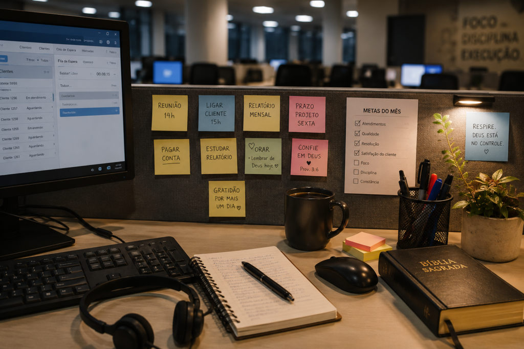 Estação de trabalho em call center com computador, tarefas do dia e lembretes sobre Deus, representando como viver com Deus na rotina