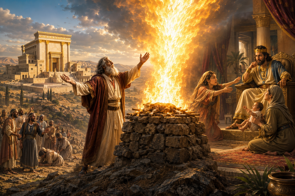 Elias ora no monte Carmelo com fogo do céu, enquanto aparecem o templo de Salomão e o julgamento das duas mulheres.